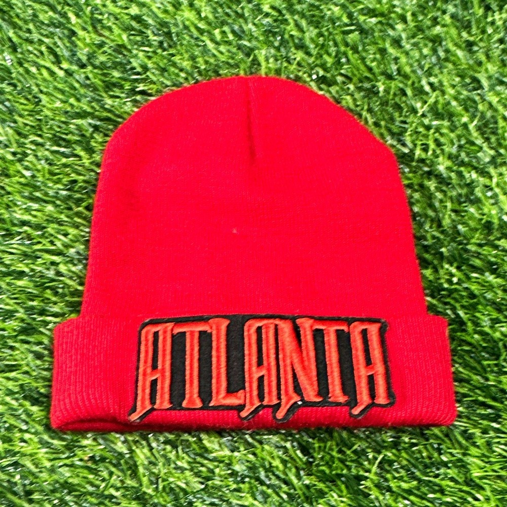 Red ATLANTA Embroidered Cuffed Beanie Hat Mens Unisex Solid Knit Cap One Size